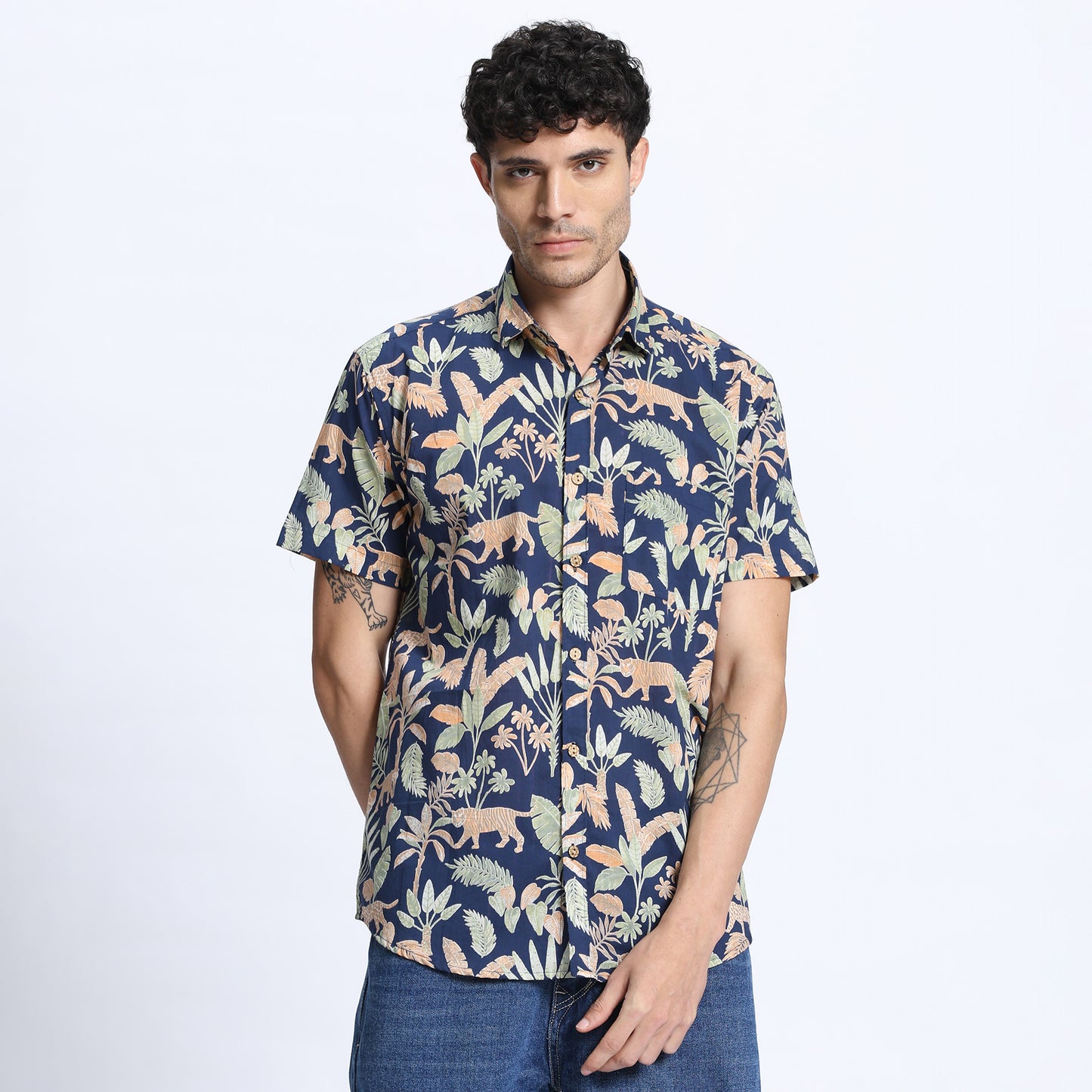 Men's Navy Blue Tropical Print Casual Shirt