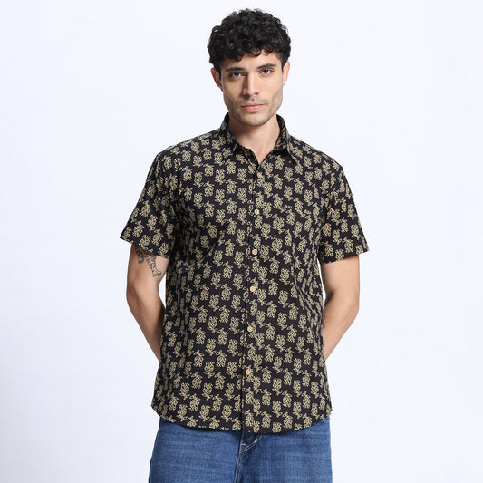 Men's Black and Gold Leaf Print Casual Shirt