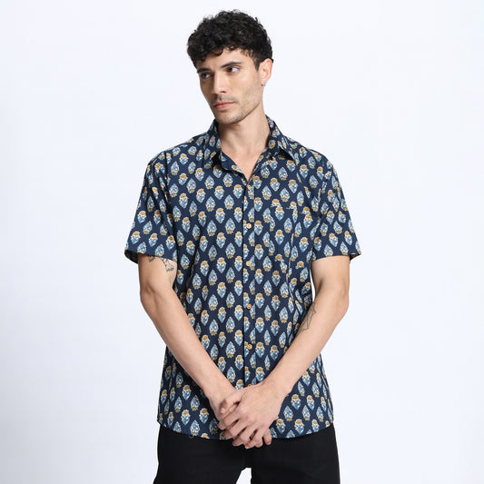 Men's Blue & Gold Ethnic Print Casual Shirt