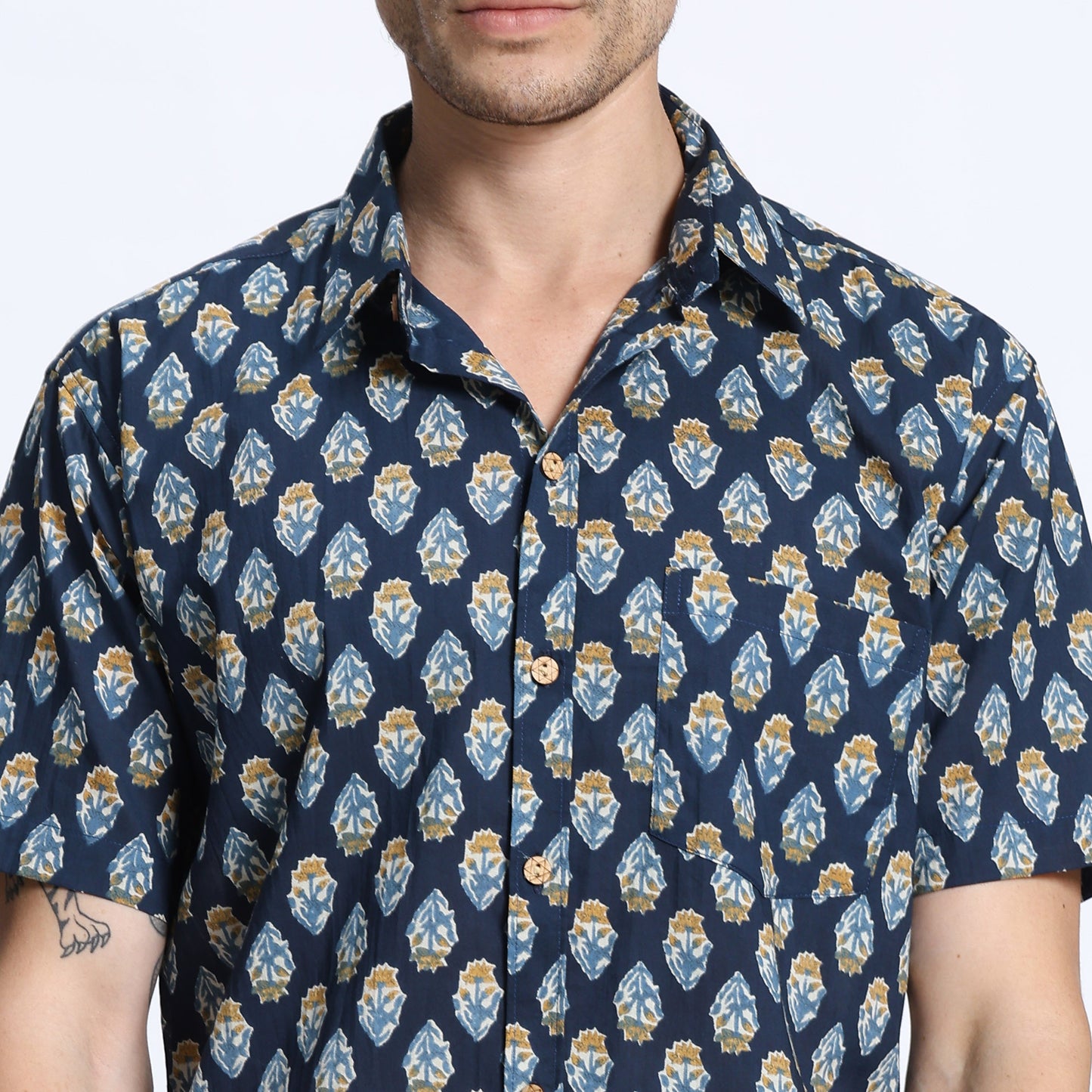 Men's Blue & Gold Ethnic Print Casual Shirt