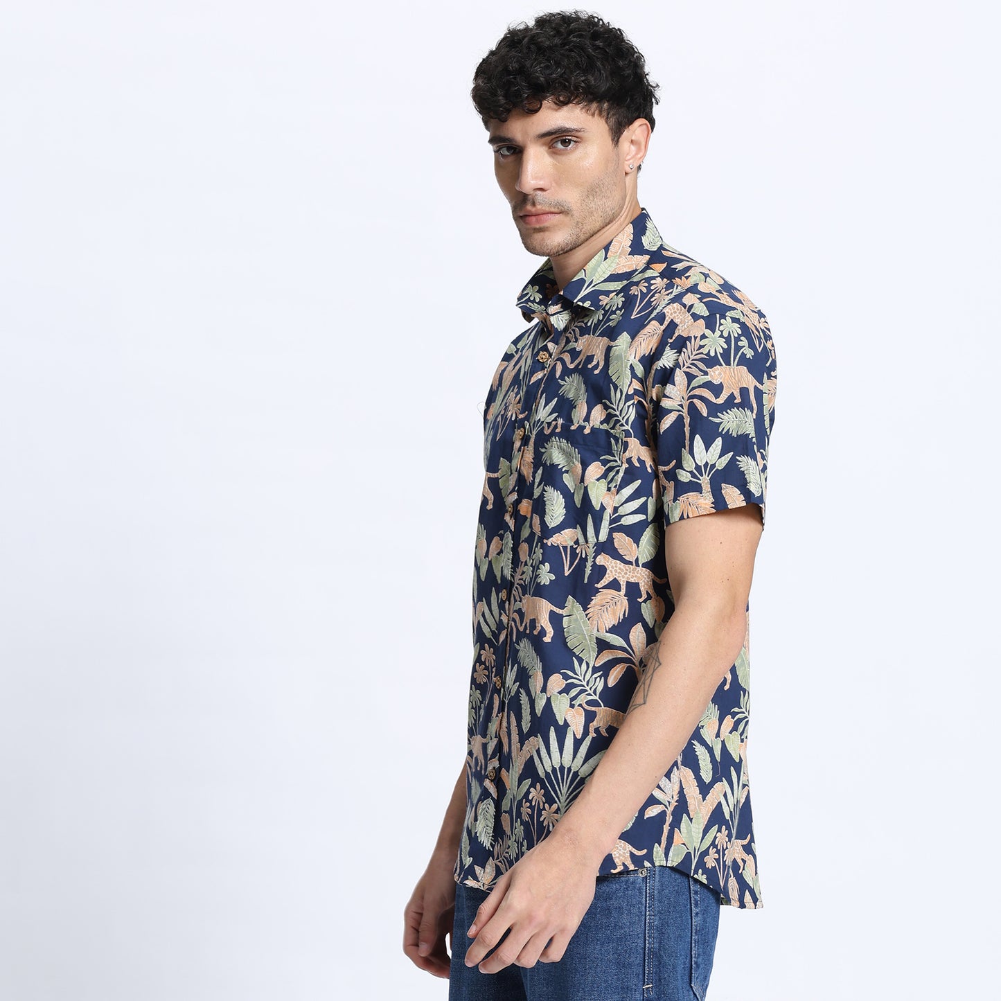 Men's Navy Blue Tropical Print Casual Shirt