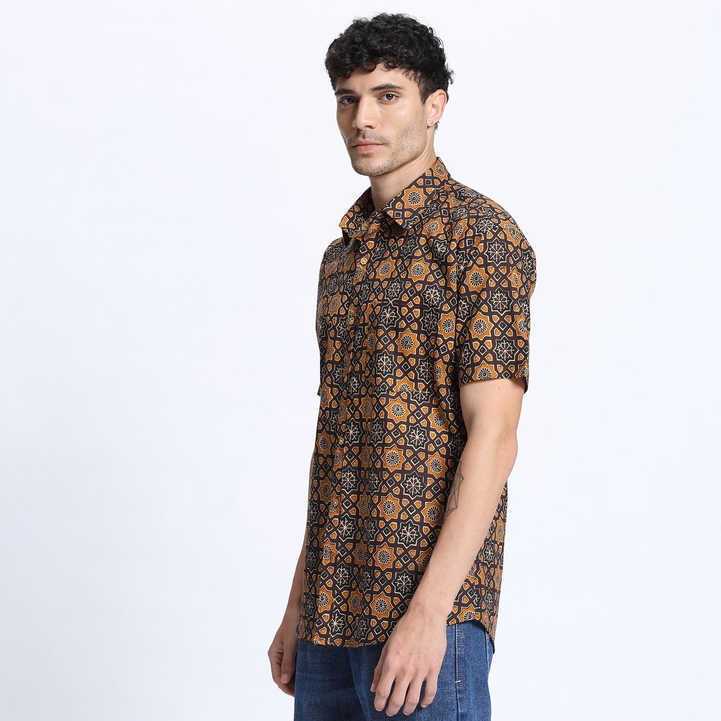 Men's Brown Geometric Print Casual Shirt