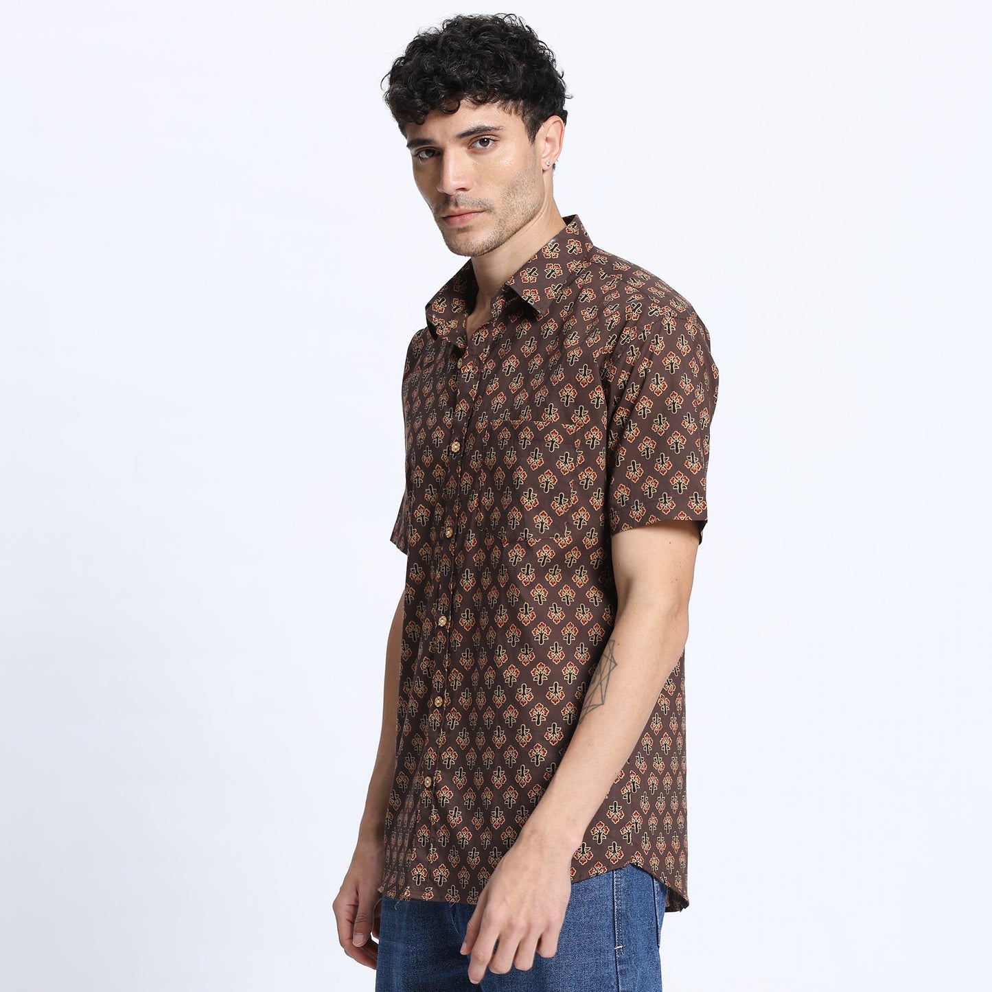 Men's Brown Geometric Print Casual Shirt