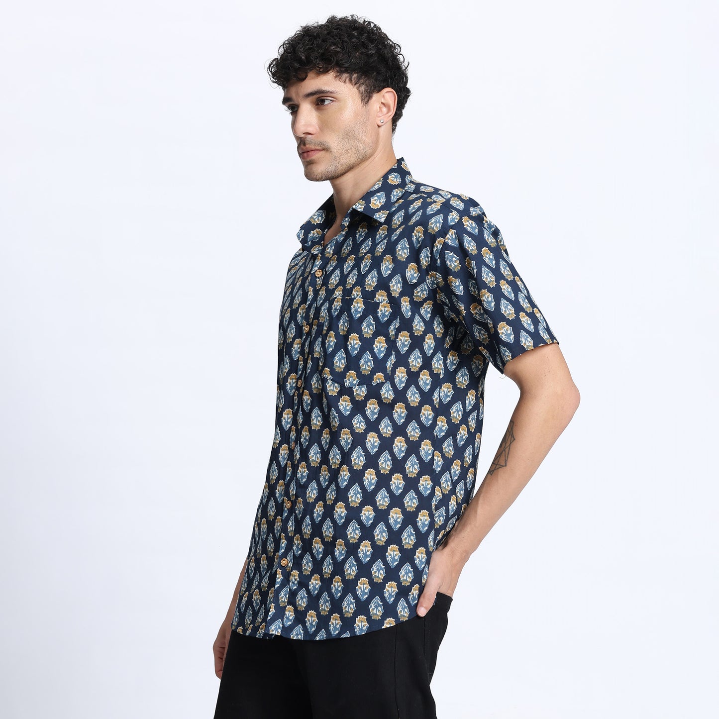 Men's Blue & Gold Ethnic Print Casual Shirt