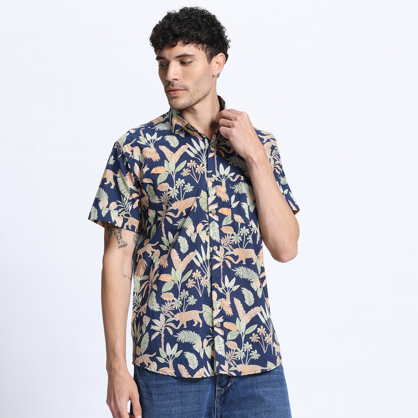 Men's Navy Blue Tropical Print Casual Shirt