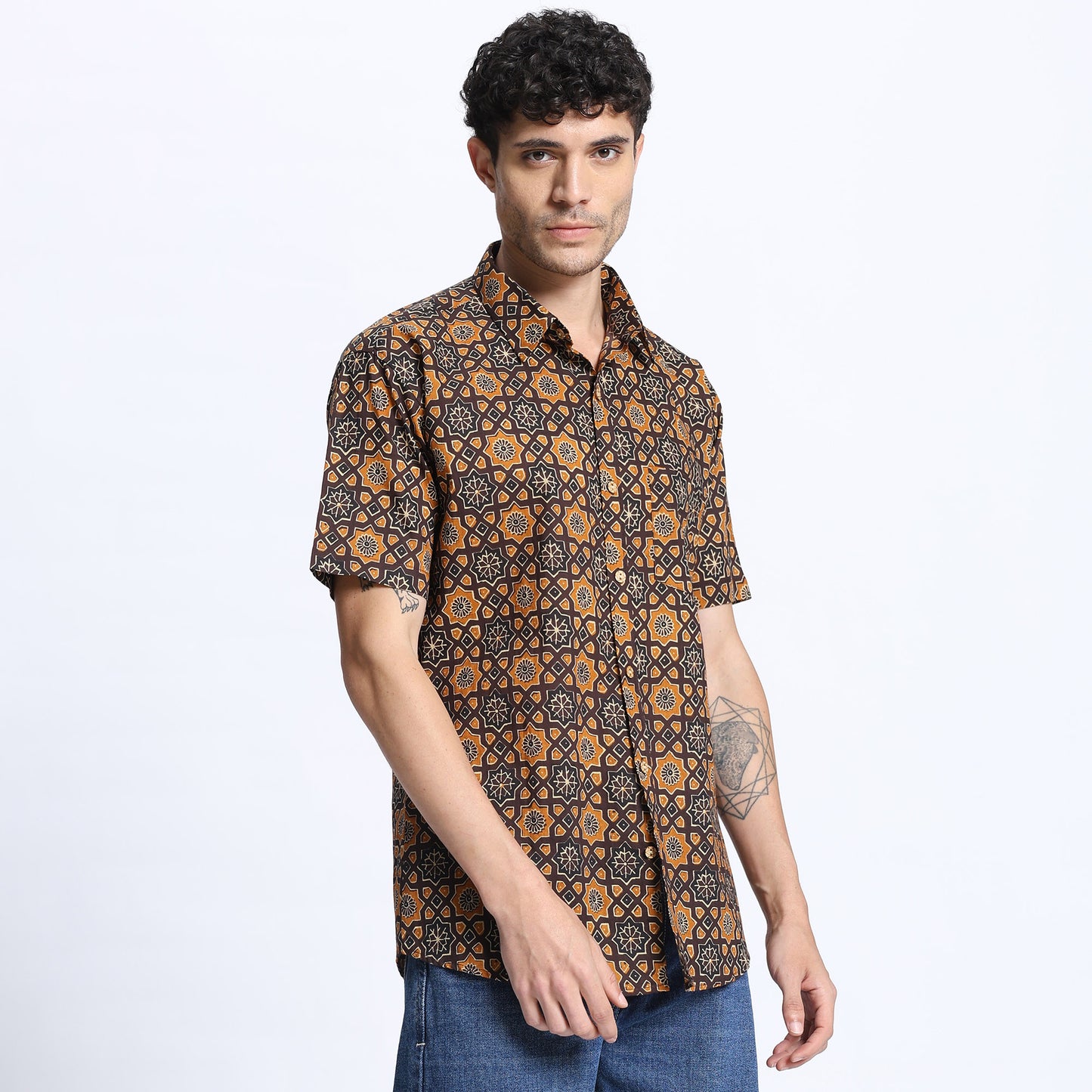 Men's Brown Geometric Print Casual Shirt