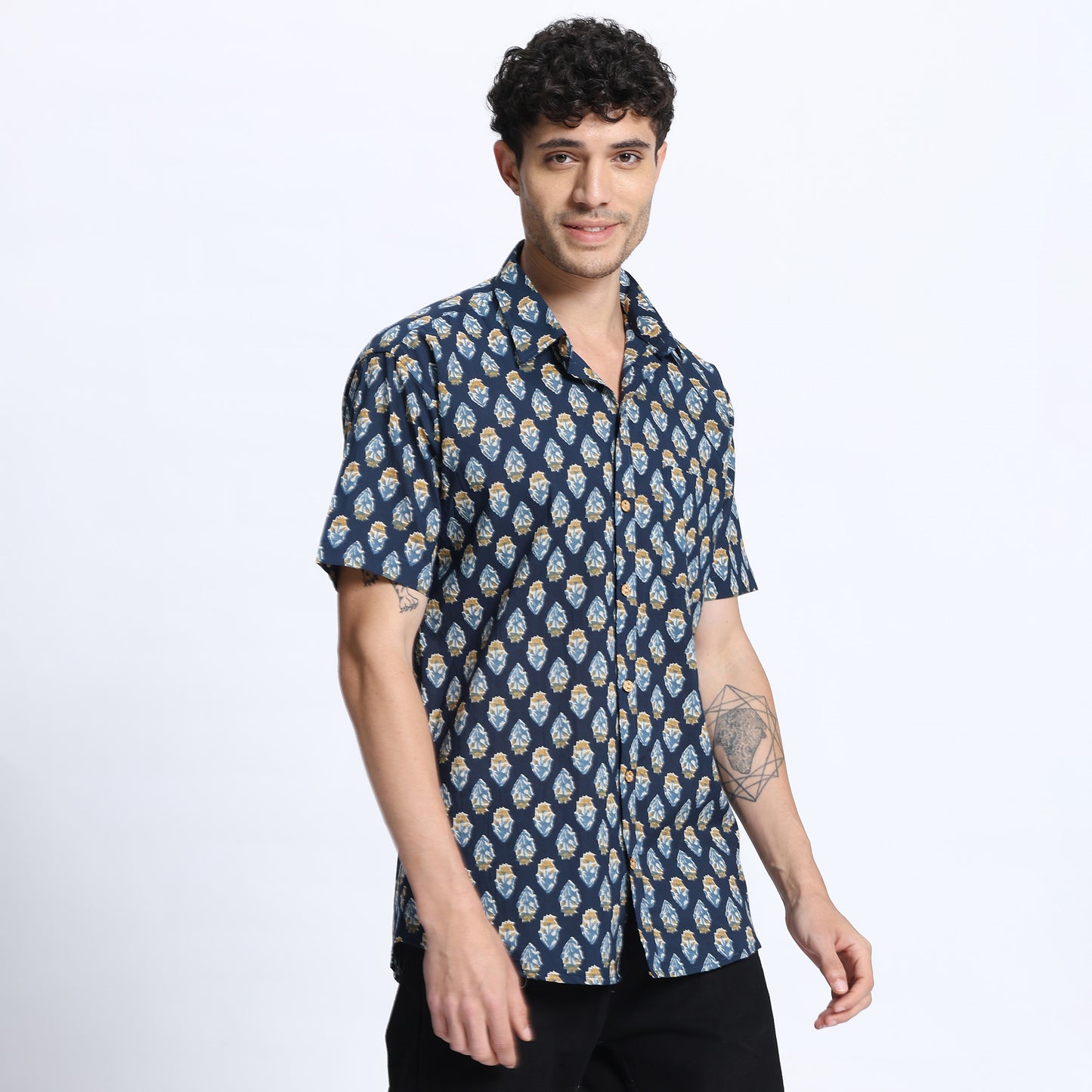 Men's Blue & Gold Ethnic Print Casual Shirt