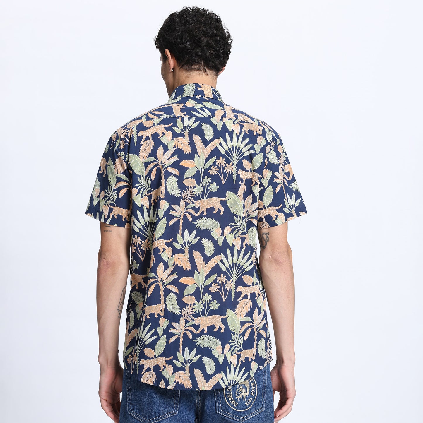 Men's Navy Blue Tropical Print Casual Shirt