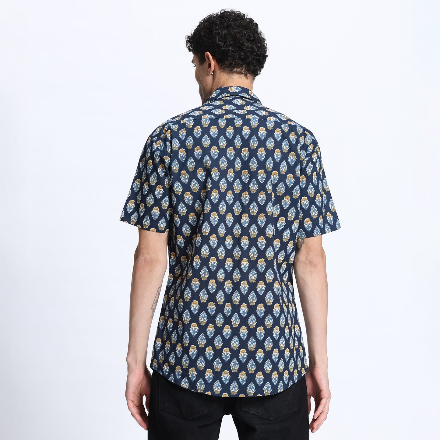 Men's Blue & Gold Ethnic Print Casual Shirt