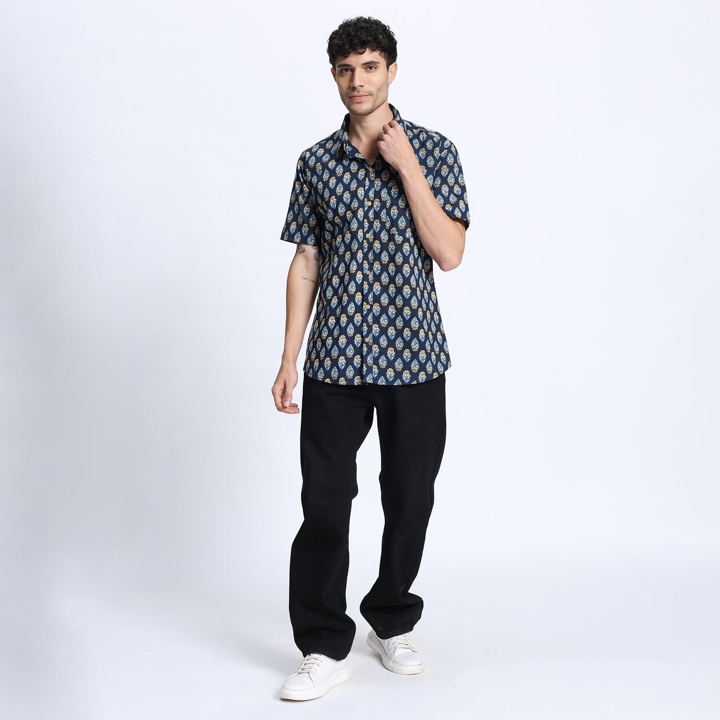 Men's Blue & Gold Ethnic Print Casual Shirt