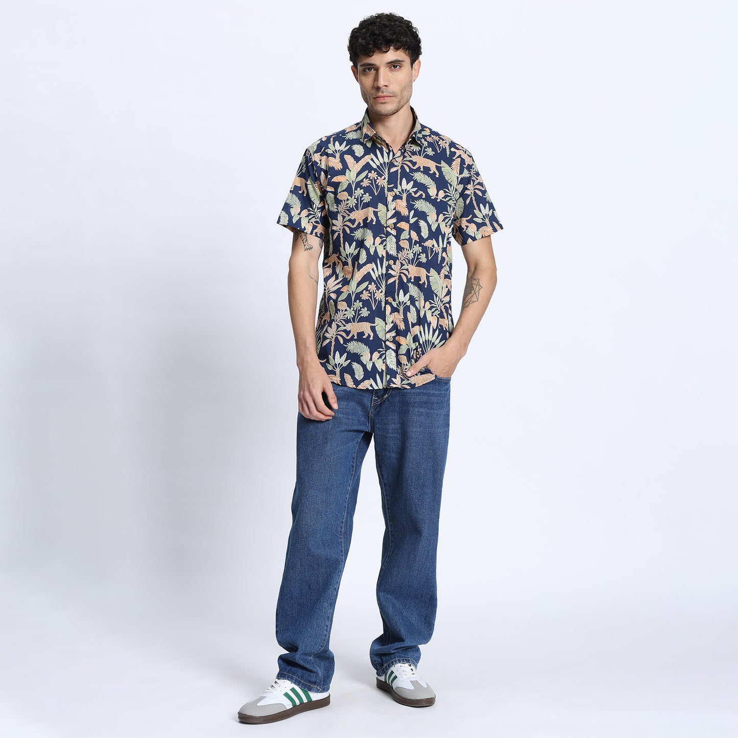 Men's Navy Blue Tropical Print Casual Shirt