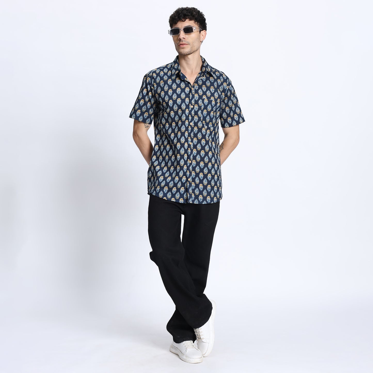 Men's Blue & Gold Ethnic Print Casual Shirt