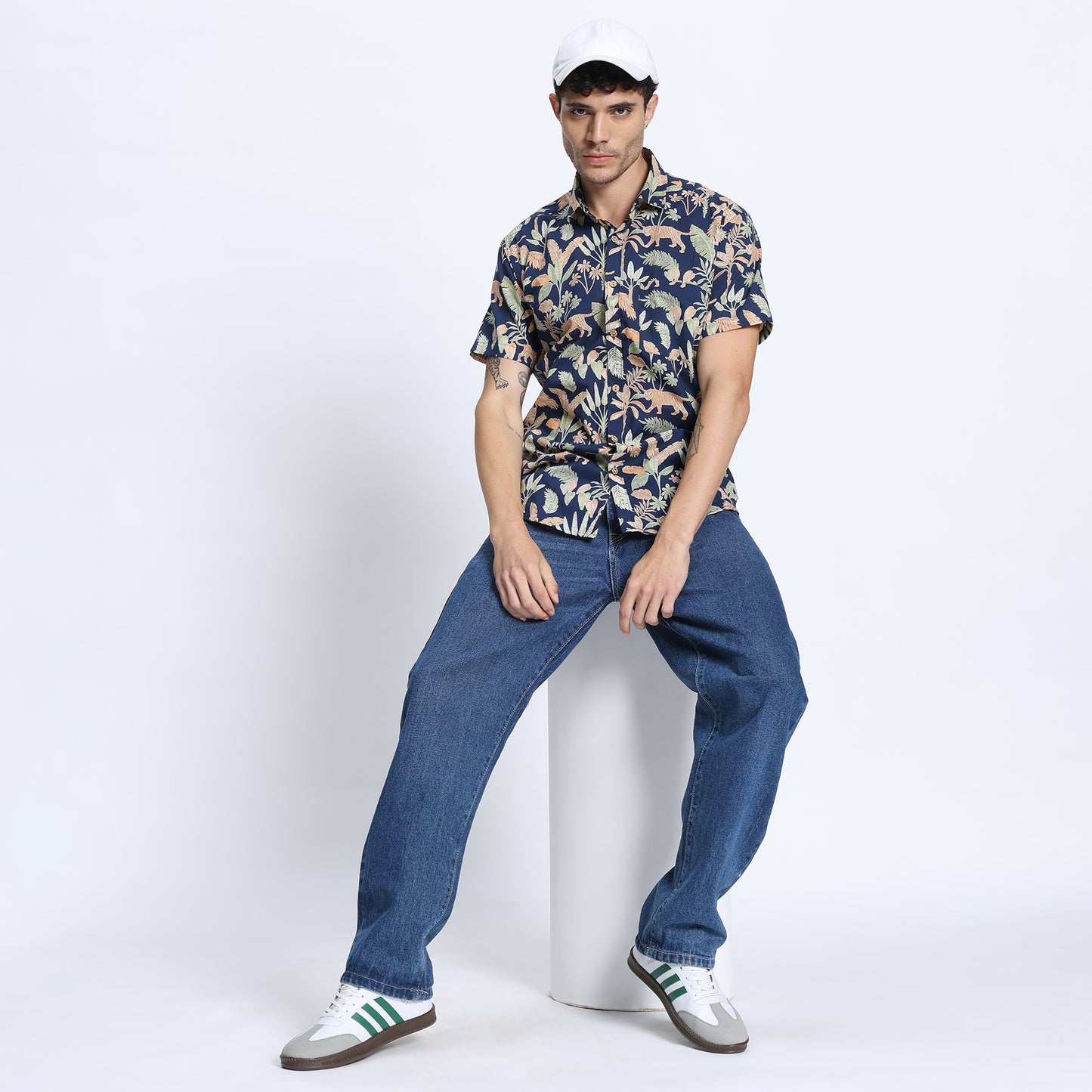 Men's Navy Blue Tropical Print Casual Shirt